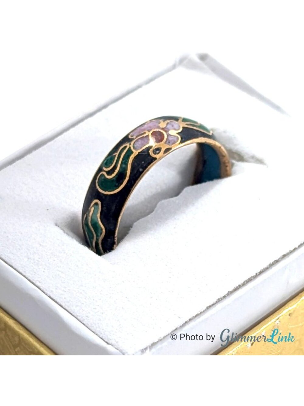 Vintage Black Cloisonne Floral Band Ring Gold Tone Size 6.25